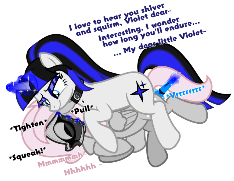 Size: 5826x4519 | Tagged: questionable, alternate version, artist:severity-gray, derpibooru import, edit, oc, oc:coldlight bluestar, oc:violet, unofficial characters only, pegasus, pony, unicorn, asphyxiation, bdsm, bondage, breathplay, collar, cutie mark, dialogue, duo, duo female, female, floppy ears, folded wings, hitachi wand, image, latex, magic, magic aura, makeup, mare, moaning, moaning in pleasure, muffled moaning, onomatopoeia, png, ponytail, rubber, sex toy, shiny, show accurate, simple background, snuggling, speech, suffocating, talking, text, text edit, transparent background, vector, vibrator, wings