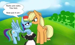 Size: 1995x1200 | Tagged: safe, artist:davierocket, derpibooru import, applejack, rainbow dash, earth pony, pegasus, pony, appledash, blushing, boop, clothes, female, image, lesbian, lidded eyes, lost bet, maid, maid headdress, noseboop, png, scrunchy face, shipping, speech bubble, text, tree