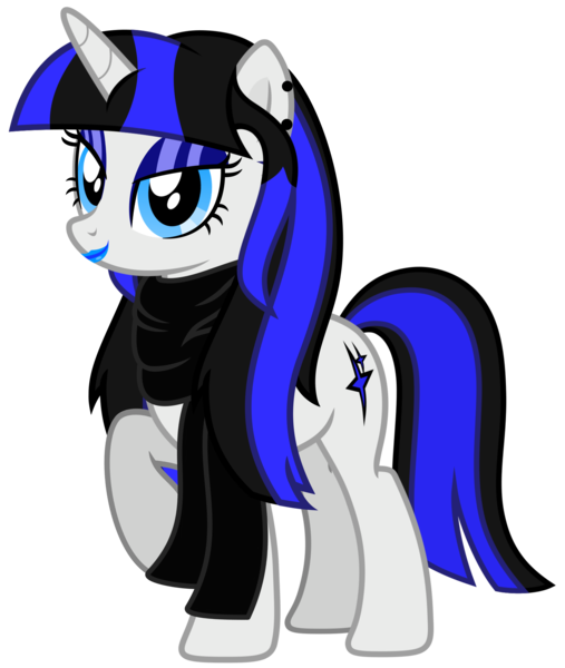 Size: 3070x3635 | Tagged: safe, artist:severity-gray, derpibooru import, oc, oc:coldlight bluestar, unofficial characters only, pony, unicorn, alternate hairstyle, bedroom eyes, clothes, cutie mark, ear piercing, eyeliner, eyeshadow, female, image, lipstick, looking at you, makeup, mare, piercing, png, scarf, simple background, solo, standing, transparent background