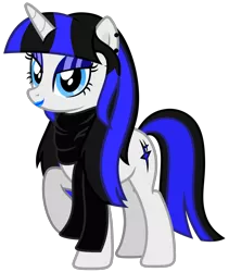 Size: 3070x3635 | Tagged: safe, artist:severity-gray, derpibooru import, oc, oc:coldlight bluestar, unofficial characters only, pony, unicorn, alternate hairstyle, bedroom eyes, clothes, cutie mark, ear piercing, eyeliner, eyeshadow, female, image, lipstick, looking at you, makeup, mare, piercing, png, scarf, simple background, solo, standing, transparent background