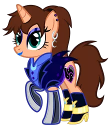 Size: 3990x4537 | Tagged: safe, artist:severity-gray, derpibooru import, oc, oc:chloe adore, unofficial characters only, pony, unicorn, alternate hairstyle, alternate timeline, boots, clothes, cutie mark, ear piercing, eyeliner, eyeshadow, female, gloves, image, jacket, latex, latex gloves, lipstick, looking at you, makeup, mare, nightmare takeover timeline, piercing, png, ponytail, shoes, simple background, solo, transparent background, uniform