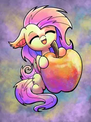 Size: 1280x1707 | Tagged: safe, artist:catscratchpaper, derpibooru import, fluttershy, bat pony, pegasus, pony, abstract background, apple, bat ponified, cute, ear fluff, eyes closed, fangs, female, flutterbat, food, happy, image, jpeg, mare, open mouth, open smile, race swap, smiling, smol