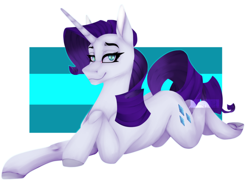 Size: 1280x960 | Tagged: safe, artist:digisketchpad, derpibooru import, rarity, pony, unicorn, blue eyes, blue mane, blue tail, eyelashes, female, horn, image, looking at you, lying down, png, prone, signature, simple background, smiling, solo, tail, transparent background, watermark