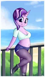 Size: 1248x2106 | Tagged: suggestive, artist:andelai, derpibooru import, starlight glimmer, anthro, unicorn, belly, belly button, blue bottomwear, boots, booty shorts, breasts, busty starlight glimmer, cleavage, clothes, denim shorts, female, happy, horn, image, leaning on fence, pantyhose, png, purple fur, seaside, shoes, shorts, smiling, sneakers, solo, solo female, tomboy, top, two toned mane