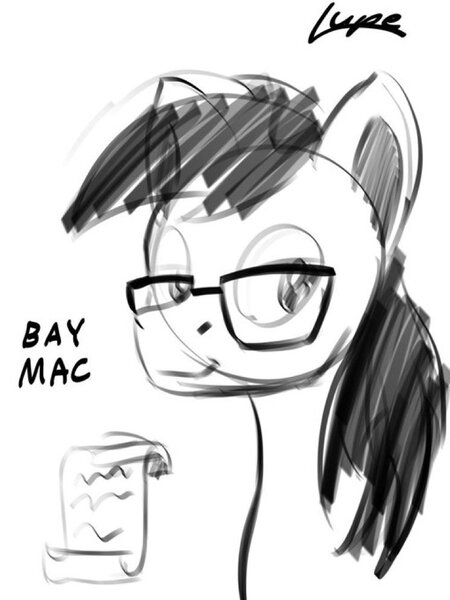 Size: 746x995 | Tagged: safe, artist:mindoflupe, derpibooru import, oc, oc:bay mac, pony, glasses, image, jpeg, male, monochrome, scroll, sketch, solo, stallion