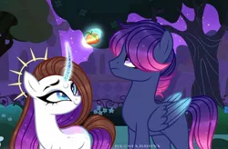 Size: 1080x709 | Tagged: safe, artist:sia.brony, derpibooru import, oc, unofficial characters only, pegasus, pony, unicorn, curved horn, duo, ethereal mane, eyelashes, eyeliner, female, glowing horn, halo, horn, image, jpeg, looking up, magic, makeup, male, mare, night, outdoors, pegasus oc, smiling, stallion, starry mane, stars, telekinesis, tree, wings