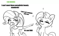Size: 4886x3000 | Tagged: safe, artist:tjpones, derpibooru import, rarity, pony, unicorn, equestria girls, black and white, crying, duo, equestria girls drama, female, grayscale, high res, human ponidox, image, mare, marshmelodrama, monochrome, no hooves, open mouth, png, pointing, rarity being rarity, self paradox, self ponidox, simple background, smug, sparkles, white background