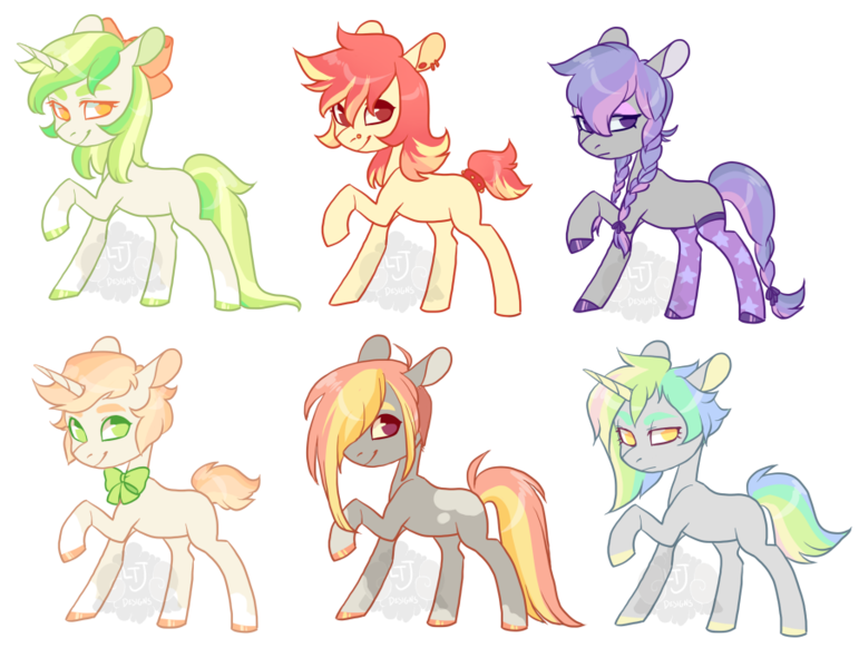 Size: 900x700 | Tagged: safe, artist:lavvythejackalope, derpibooru import, oc, unofficial characters only, earth pony, pony, unicorn, base used, bow, bowtie, clothes, earth pony oc, female, hair bow, hair over one eye, hoof polish, horn, image, male, mare, multicolored hair, png, rainbow hair, raised hoof, simple background, smiling, socks, stallion, transparent background, unicorn oc