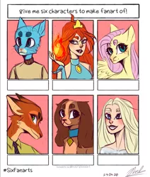 Size: 915x1080 | Tagged: safe, artist:auss1, derpibooru import, fluttershy, anthro, cat, dog, fox, human, pegasus, six fanarts, anthro with ponies, bloom (winx club), bust, clothes, collar, crossover, eyelashes, grin, image, lipstick, necktie, nick wilde, png, pyromancy, smiling, the amazing world of gumball, wings, winx club, zootopia