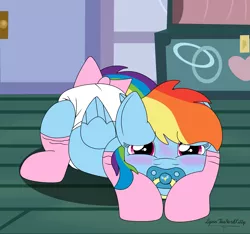 Size: 3107x2905 | Tagged: suggestive, artist:lynnthenerdkitty, derpibooru import, rainbow dash, pegasus, pony, adult foal, blushing, bow, clothes, diaper, diaper fetish, female, fetish, image, looking at you, lying down, pacifier, png, prone, socks, solo, solo female