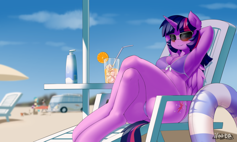 Size: 5000x3000 | Tagged: questionable, artist:iloota, derpibooru import, twilight sparkle, twilight sparkle (alicorn), oc, alicorn, anthro, pony, unguligrade anthro, arm behind head, armpits, beach, beach umbrella, big breasts, bikini, breasts, busty twilight sparkle, cameltoe, cleavage, cleavage fluff, clothes, crossed legs, drink, drinking straw, female, flotation device, image, looking at you, lounge chair, mare, png, solo focus, sunglasses, suntan lotion, swimsuit, umbrella, volkswagen, volkswagen transporter, volkswagen type 2