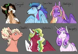 Size: 2595x1819 | Tagged: safe, artist:felinenostalgic, derpibooru import, oc, oc:cinnamon stick cider, oc:crown jewel comet, oc:doubletake dash, oc:graceful glow, oc:just peachy cobbler pie, oc:strawberry meadow, unofficial characters only, earth pony, pegasus, pony, unicorn, bust, female, freckles, gray background, image, male, mare, nose piercing, nose ring, offspring, parent:applejack, parent:big macintosh, parent:caramel, parent:cheese sandwich, parent:fancypants, parent:flash sentry, parent:fluttershy, parent:pinkie pie, parent:rainbow dash, parent:rarity, parent:soarin', parent:twilight sparkle, parents:carajack, parents:cheesepie, parents:flashlight, parents:fluttermac, parents:raripants, parents:soarindash, peytral, piercing, png, simple background, stallion