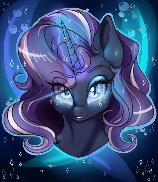 Size: 1280x1469 | Tagged: safe, artist:azamibgr-san, derpibooru import, nightmare rarity, pony, unicorn, blue background, blue eyes, bubble, bust, colored pupils, eyelashes, female, glowing horn, horn, image, jpeg, looking at you, purple mane, simple background, smiling, solo, sparkles, water