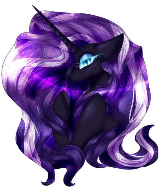 Size: 936x1098 | Tagged: safe, artist:goodxvxbez, derpibooru import, nightmare rarity, pony, unicorn, blue eyes, bust, colored pupils, eyelashes, female, flowing mane, glow, horn, image, long horn, looking at you, png, portrait, purple mane, simple background, solo, transparent background