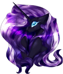 Size: 936x1098 | Tagged: safe, artist:goodxvxbez, derpibooru import, nightmare rarity, pony, unicorn, blue eyes, bust, colored pupils, eyelashes, female, flowing mane, glow, horn, image, long horn, looking at you, png, portrait, purple mane, simple background, solo, transparent background