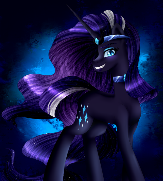 Size: 1973x2200 | Tagged: safe, artist:lada03, derpibooru import, nightmare rarity, pony, unicorn, blue background, blue eyes, colored pupils, crown, evil grin, eyelashes, female, flowing mane, flowing tail, grin, horn, image, jewelry, long horn, looking at you, necklace, png, purple mane, regalia, simple background, smiling, solo, teeth