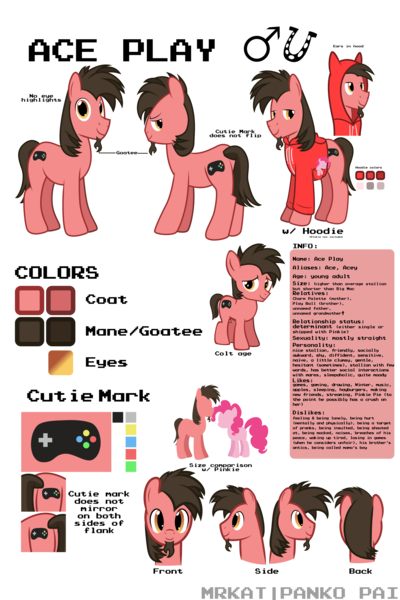 Size: 3543x5315 | Tagged: safe, artist:mrkat7214, derpibooru import, pinkie pie, oc, oc:ace play, earth pony, pony, clothes, colt, facial hair, goatee, hoodie, image, male, plushie, png, reference sheet, semi-transparent, semi-transparent background, stallion, vector, younger