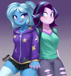 Size: 5000x5417 | Tagged: suggestive, artist:iloota, derpibooru import, starlight glimmer, trixie, equestria girls, alternate hairstyle, babysitter trixie, cameltoe, clothes, duo, female, gradient background, holding hands, hoodie, image, lesbian, png, shipping, startrix