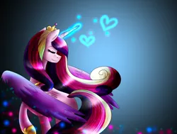 Size: 2280x1720 | Tagged: safe, artist:lada03, derpibooru import, princess cadance, alicorn, pony, eyes closed, female, glowing horn, heart, horn, image, magic, mare, png, simple background, smiling, solo