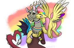 Size: 1106x722 | Tagged: safe, artist:bellbell123, derpibooru import, discord, fluttershy, draconequus, pegasus, pony, asexual, asexual pride flag, bands, colorful, demisexual pride flag, discoshy, ears up, female, flower, heart, image, jpeg, kiss on the cheek, kissing, male, panromantic, pride, pride flag, pride month, rainbow, raised eyebrow, shipping, simple background, straight, white background, wings