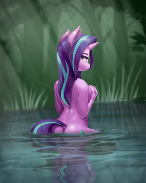 Size: 4000x5000 | Tagged: suggestive, artist:iloota, derpibooru import, starlight glimmer, anthro, pony, unicorn, bathing, bedroom eyes, breast grab, breast hold, breasts, busty starlight glimmer, butt, complete nudity, cutie mark, dock, female, glimmer glutes, grope, hand, hand on breasts, image, lidded eyes, looking at you, looking back, looking back at you, looking over shoulder, mare, nudity, png, rear view, reflection, self grope, skinny dipping, smiling, solo, solo female, water, wet, wet mane