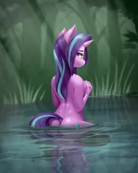 Size: 4000x5000 | Tagged: suggestive, artist:iloota, derpibooru import, starlight glimmer, anthro, pony, unicorn, bathing, bedroom eyes, breast grab, breast hold, breasts, busty starlight glimmer, butt, complete nudity, cutie mark, dock, female, glimmer glutes, grope, hand, hand on breasts, image, lidded eyes, looking at you, looking back, looking back at you, looking over shoulder, mare, nudity, png, rear view, reflection, self grope, skinny dipping, smiling, solo, solo female, water, wet, wet mane