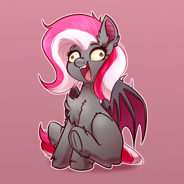 Size: 4000x4000 | Tagged: safe, artist:witchtaunter, derpibooru import, oc, oc:miabat, bat pony, pony, bat pony oc, bat wings, chest fluff, derp, drool, ear fluff, faic, female, gradient background, image, png, sitting, smiling, solo, wings