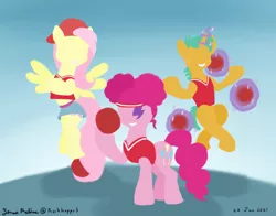 Size: 1400x1100 | Tagged: safe, artist:rockhoppr3, derpibooru import, fluttershy, pinkie pie, snails, earth pony, pegasus, pony, unicorn, 90s grunge fluttershy, buckball, clothes, crossed hooves, dodgeball, hoof hold, image, levitation, lineless, lotus position, magic, pinkie puffs, pinktails pie, png, prehensile tail, telekinesis