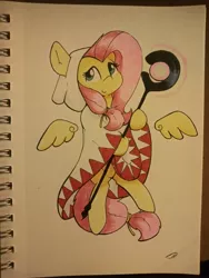 Size: 3072x4096 | Tagged: safe, artist:taurson, derpibooru import, fluttershy, pegasus, pony, clothes, cosplay, costume, fantasy class, female, final fantasy, floating wings, hoof hold, image, jpeg, mare, robe, solo, staff, traditional art, white mage, wings