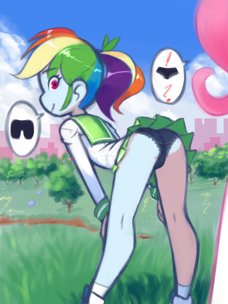 Size: 1200x1600 | Tagged: questionable, artist:drantyno, derpibooru import, fluttershy, rainbow dash, equestria girls, bent over, black underwear, butt, cameltoe, clothes, duo, duo female, female, female focus, frilly underwear, image, offscreen character, panties, png, rainbutt dash, school uniform, sexy, skirt, solo focus, speech bubble, stupid sexy rainbow dash, underwear, upskirt