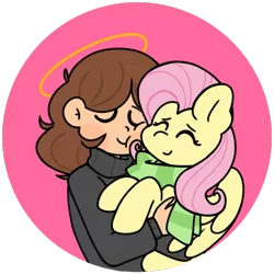 Size: 768x768 | Tagged: safe, artist:edgykidart, derpibooru import, fluttershy, human, pegasus, pony, clothes, cute, duo, eyes closed, female, halo, holding a pony, hug, image, mare, png, scarf, shyabetes, simple background, squishy cheeks, transparent background