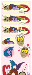 Size: 684x1587 | Tagged: suggestive, artist:sinjaaussiaangels, derpibooru import, discord, twilight sparkle, twilight sparkle (alicorn), alicorn, draconequus, pony, 2017, assisted preening, comic, discolight, female, grooming, heart, image, lying down, male, mare, png, preening, prone, shipping, straight