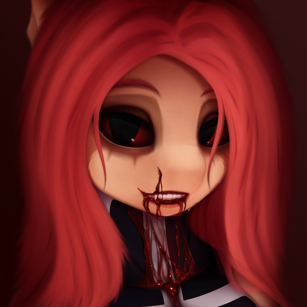 Size: 2392x2392 | Tagged: semi-grimdark, artist:batsdisaster, derpibooru import, fluttershy, vampire, vampony, alternate hairstyle, black eye, blood, bust, clothes, costume, drool, fangs, female, image, nosebleed, png, portrait, red sclera, smiling, solo, teeth