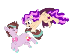 Size: 1280x960 | Tagged: safe, artist:doodletheexpoodle, derpibooru import, oc, oc:daylight amethyst, oc:pocket watch, unofficial characters only, alicorn, earth pony, pony, bowtie, colored hooves, duo, eyes closed, female, headband, image, mare, offspring, parent:sunburst, parent:twilight sparkle, parents:starwhooves, parents:twiburst, png, simple background, tail, tail pull, tongue out, transparent background