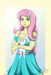 Size: 1280x1888 | Tagged: safe, artist:gexen-n8, derpibooru import, angel bunny, fluttershy, rabbit, equestria girls, angel bunny is unamused, animal, duo, image, jpeg, looking at you, petting