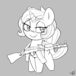 Size: 900x900 | Tagged: safe, artist:lyrabop, derpibooru import, oc, oc:academia, unofficial characters only, pony, unicorn, ak-47, assault rifle, female, gun, image, mare, monochrome, png, rifle, simple background, solo, weapon
