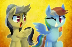 Size: 1280x829 | Tagged: safe, artist:talonsofwater, derpibooru import, daring do, rainbow dash, pegasus, pony, colored pupils, duo, female, image, jpeg, mare, one eye closed, open mouth, smiling, wink