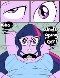 Size: 2550x3300 | Tagged: suggestive, artist:inuyuru, banned from derpibooru, derpibooru import, sci-twi, twilight sparkle, comic:taming the tutor, equestria girls, arm behind head, bell, bell collar, breasts, busty twilight sparkle, collar, comic, dialogue, female, image, pet collar, png, solo, solo female, speech bubble