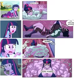 Size: 2248x2372 | Tagged: suggestive, artist:atariboy2600, artist:bluecarnationstudios, derpibooru import, sci-twi, twilight sparkle, comic:the amazonian effect, comic:the amazonian effect iii, equestria girls, equestria girls (movie), big breasts, bra, breast expansion, breasts, buff, buff breasts, clothes, female, growth, image, muscle expansion, muscles, muscular female, overdeveloped muscles, png, reaction, red eyes, twilight muscle, underwear
