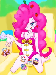Size: 1668x2224 | Tagged: suggestive, artist:xjleiu, derpibooru import, pinkie pie, equestria girls, barefoot, beach, breasts, cherry, cleavage, clothes, cupcake, eyeshadow, feet, food, frosting, image, lipstick, makeup, one-piece swimsuit, png, solo, strawberry, swimsuit, tongue out