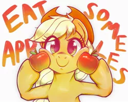 Size: 2048x1628 | Tagged: safe, artist:kurogewapony, derpibooru import, applejack, earth pony, pony, apple, cute, food, happy, hat, holding, image, jackabetes, jpeg, looking at you, simple background, smiling, solo, text