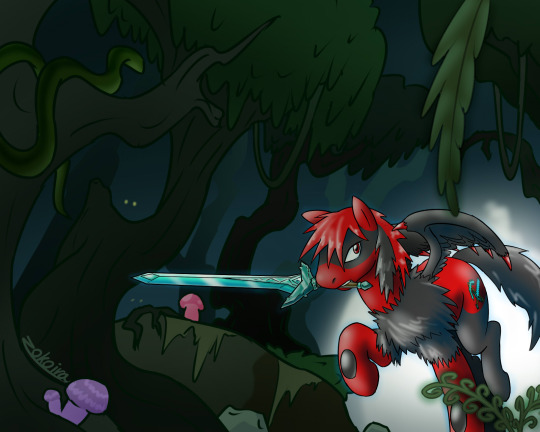 Size: 540x432 | Tagged: safe, artist:zokoira, derpibooru import, oc, oc:chris thalzor, pegasus, pony, chest fluff, everfree forest, fog, image, jpeg, mouth hold, red and black oc, solo, sword, weapon