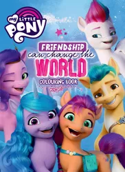 Size: 1861x2560 | Tagged: safe, derpibooru import, official, hitch trailblazer, izzy moonbow, pipp petals, sunny starscout, zipp storm, earth pony, pegasus, pony, unicorn, abstract background, book cover, color correction, coloring book, cover, female, g5, image, jpeg, male, mane five (g5), mare, my little pony logo, stallion