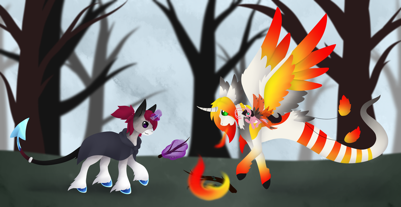 Size: 2449x1264 | Tagged: safe, artist:the-dreepy-mom, derpibooru import, oc, oc:arctic spark, oc:blayze, oc:wisp petal, unofficial characters only, pony, unicorn, fire, image, magic, male, png, seaponicorn, stallion