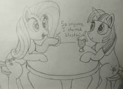 Size: 3890x2825 | Tagged: safe, artist:pony-thunder, derpibooru import, fluttershy, twilight sparkle, pony, atg 2021, image, jpeg, monochrome, newbie artist training grounds, traditional art