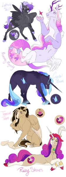 Size: 1200x3200 | Tagged: safe, artist:arexstar, derpibooru import, oc, oc:crystal mourn, oc:lightning trail, oc:morning majesty, oc:ruby shores, oc:treasure trove, unofficial characters only, draconequus, pegasus, pony, unicorn, image, interspecies offspring, offspring, parent:captain hoofbeard, parent:daring do, parent:discord, parent:doctor caballeron, parent:rarity, parent:rolling thunder, parent:thunderlane, parent:tree of harmony, parents:daballeron, parents:double thunder, parents:hopebra, parents:treecord, png, simple background, white background