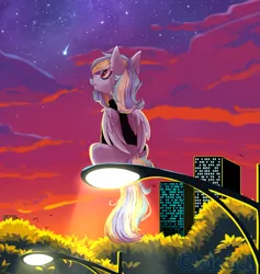 Size: 2767x2921 | Tagged: safe, artist:mediasmile666, derpibooru import, oc, unofficial characters only, pegasus, pony, building, cloud, evening, female, image, looking up, mare, night, night sky, png, shooting star, sitting, sky, solo, streetlight, tree