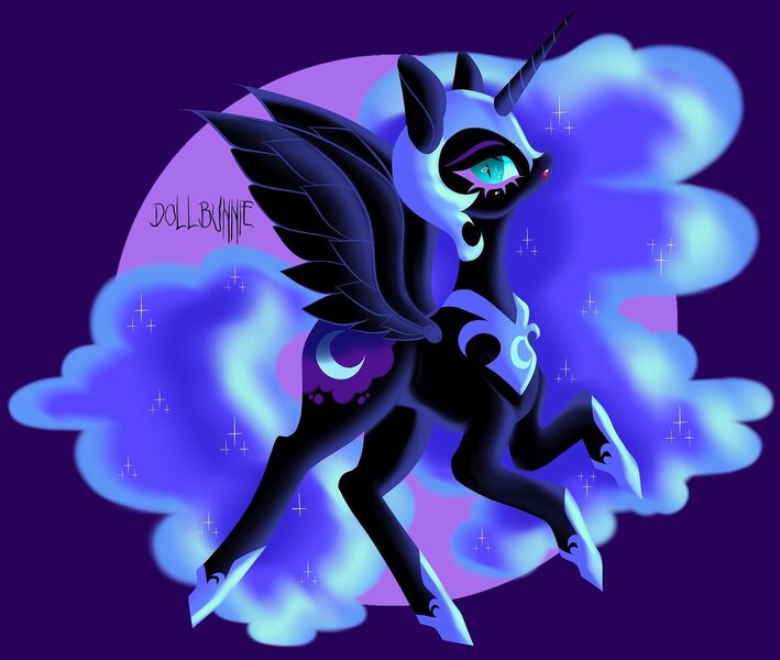 Size: 1440x1218 | Tagged: safe, artist:dollbunnie, derpibooru import, nightmare moon, alicorn, pony, ethereal mane, image, jpeg, lidded eyes, looking at you, solo, starry mane