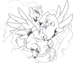 Size: 1632x1419 | Tagged: safe, artist:nauyaco, derpibooru import, oc, unofficial characters only, gryphon, pony, unicorn, cloud, flying, image, male, png, ponies riding griffons, riding, stallion
