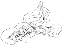 Size: 2040x1501 | Tagged: safe, artist:nauyaco, derpibooru import, princess cadance, princess celestia, sunset shimmer, pony, book, female, filly, filly cadance, filly sunset shimmer, image, magic, monochrome, png, younger